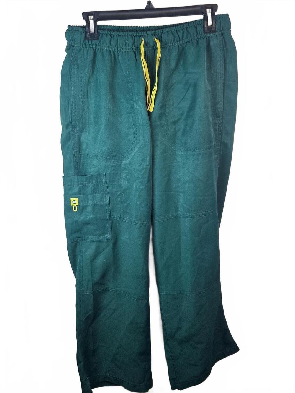 Green Elastic Waist Polyester Scrubs Pants with Yellow Drawstring